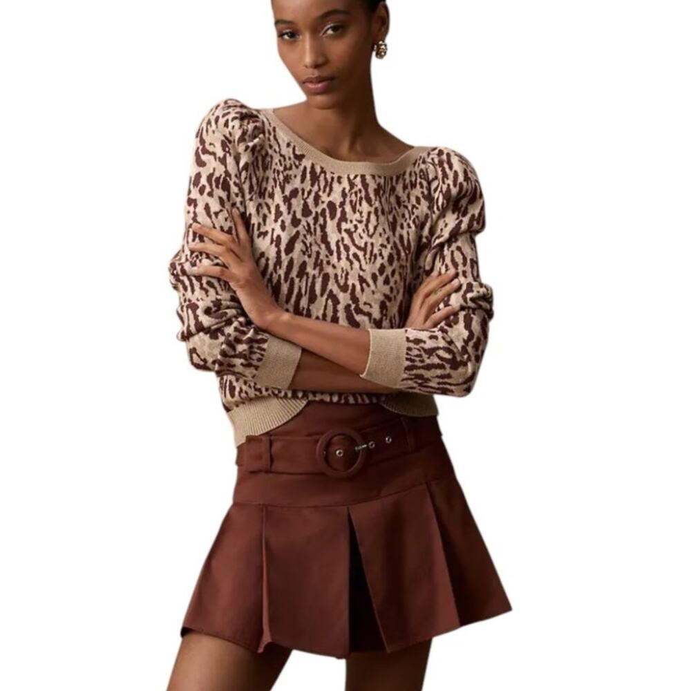 Anthropologie Maeve Tan Leopard Puff Sleeve Pullover Sweater
